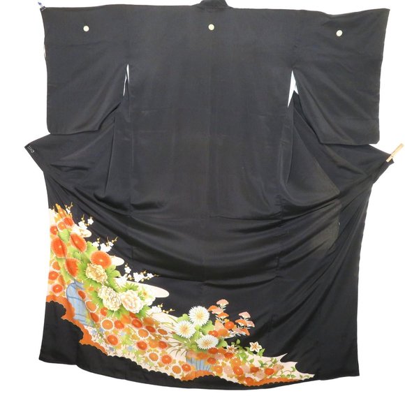 Japanese Kimono Silk Houmongi Vintage Black Multi Floral Copper Metallic 62 inch - Picture 2 of 16